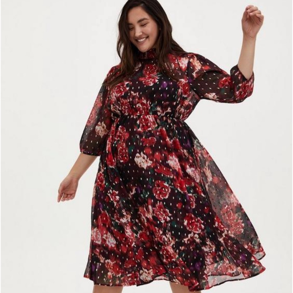 Torrid Burgundy Purple Floral Chiffon Mock Neck Midi Dress, Size 2X